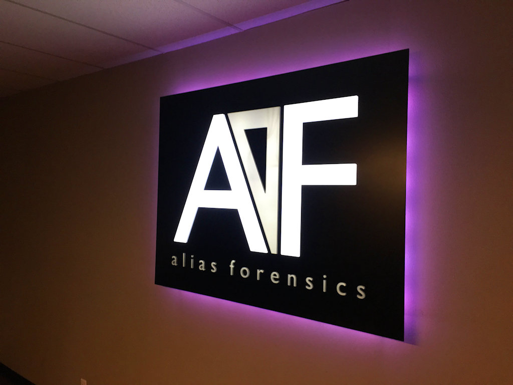 Custom interior sign and design for Alias Forensics!