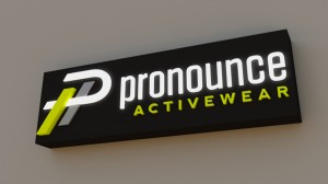 3D rendering of Pronounce Activewear sign by Electremedia.