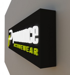 3D rendering of side of Pronounce Activewear sign Designed by Electremedia.