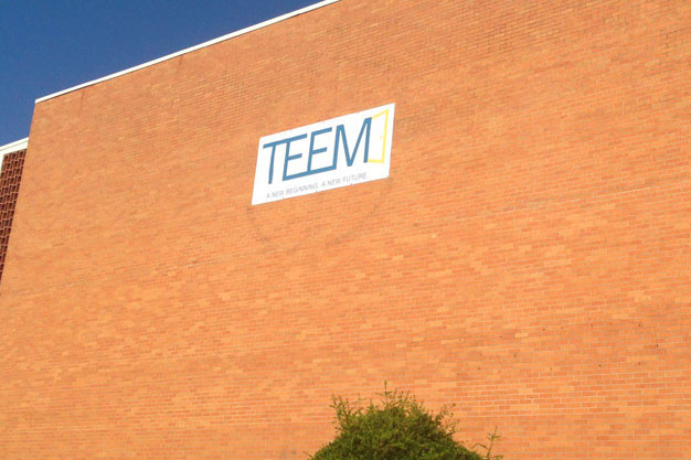 Picture of large vinyl graphic on wall that says TEEM.